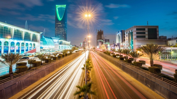 The Kingdom Tower illuminated by the light trails of passing trafficin Riyadh, Saudi Arabia. Photographer: Waseem Obaidi/Bloomberg
