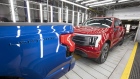 DEARBORN, MI - APRIL 26: Ford F-150 Lightning pickup trucks are shown at the Ford Rouge Electric Vehicle Center on April 26, 2022 in Dearborn, Michigan. The F-150 Lightning is positioned to be the first full-size all-electric pickup truck to go on sale in the mainstream U.S. market. (Photo by Bill Pugliano/Getty Images)
