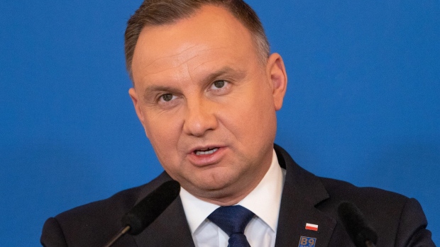 Andrzej Duda, Poland's president, during a news conference with Romania's President Klaus Iohannis following the Bucharest 9 Summit at the Cotroceni Palace in Bucharest, Romania, on Friday, June 10, 2022. The Bucharest 9 Format was launched by Iohannis and Duda, and includes NATO member states from the Eastern Europe: Bulgaria, Czech Republic, Estonia, Hungary, Latvia, Lithuania, Poland, Romania and Slovakia.