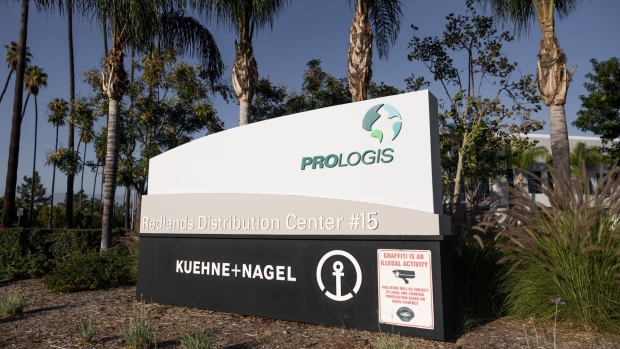 Signage outside a Prologis warehouse occupied by Kuehne + Nagel in Redlands, California, U.S., on Sunday, Nov. 7, 2021. Fallout from the global supply-chain crisis is clogging U.S. ports, pushing warehouses to capacity and forcing logistics managers to scramble for space. Photographer: Roger Kisby/Bloomberg