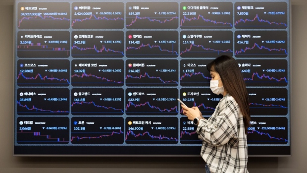 Prices of cryptocurrencies displayed at the Bithumb exchange office in Seoul.