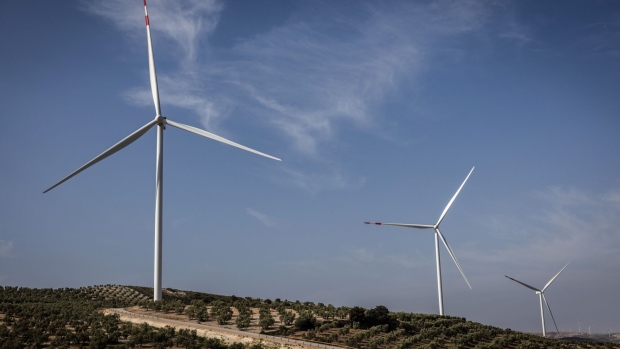 Wind turbines at the Martin de la Jara wind farm, operated by Iberdrola SA, in the Martin de la Jara district of Sevilla, Spain, on Friday, April 21, 2023. In November, Spain’s biggest utility Iberdrola said it would allocate €27 billion over the next three years to power grids, expanding and strengthening capacity as more renewable energy flows into the system and industries electrify. Photographer: Angel Garcia/Bloomberg