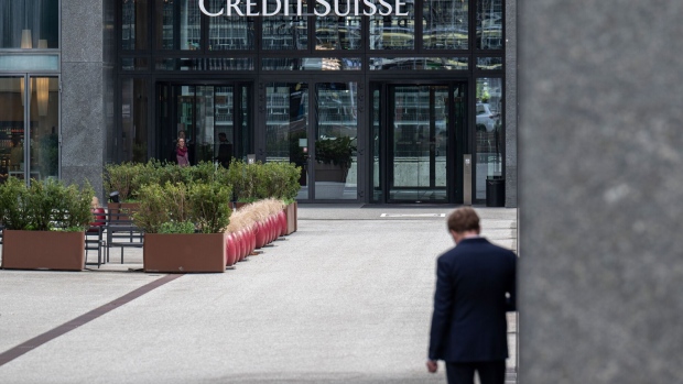 Signage outside the Credit Suisse Group AG office tower in Zurich, Switzerland, on Monday, March 20, 2023. UBS Group AG shares slumped Monday as investors digested the news of its historic acquisition of rival Credit Suisse and began to assess the job of integrating the troubled Swiss lender. Photographer: Pascal Mora/Bloomberg