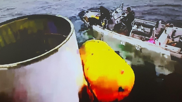 An object salvaged by South Korea's military that is presumed to be part of the North Korean space-launch vehicle that crashed into sea following a launch failure in waters off on May 31. Source: South Korean Defense Ministry