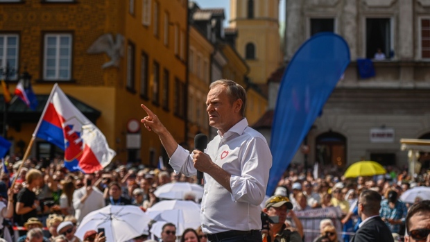Donald Tusk addresses an opposition rally in Warsaw on June 4. Photographer: Omar Marques/Getty Images