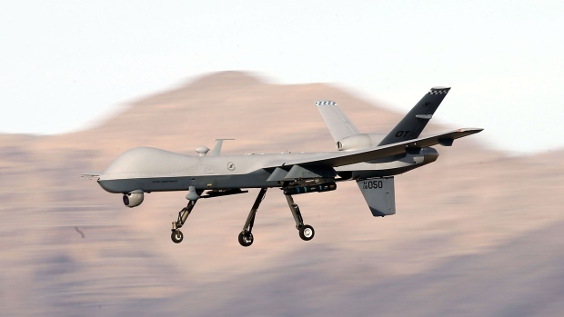 INDIAN SPRINGS, NV - NOVEMBER 17: (EDITORS NOTE: Image has been reviewed by the U.S. Military prior to transmission.) An MQ-9 Reaper remotely piloted aircraft (RPA) flies by during a training mission at Creech Air Force Base on November 17, 2015 in Indian Springs, Nevada. The Pentagon has plans to expand combat air patrols flights by remotely piloted aircraft by as much as 50 percent over the next few years to meet an increased need for surveillance, reconnaissance and lethal airstrikes in more areas around the world. (Photo by Isaac Brekken/Getty Images)