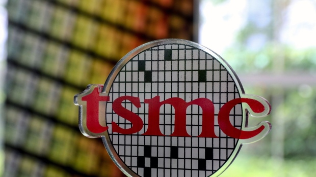 Logo for Taiwan Semiconductor Manufacturing Co. (TSMC) at the company's Museum of Innovation in Hsinchu, Taiwan, on Tuesday, April 18, 2023. TSMC is scheduled to release earnings results on April 20. Photographer: I-Hwa Cheng/Bloomberg