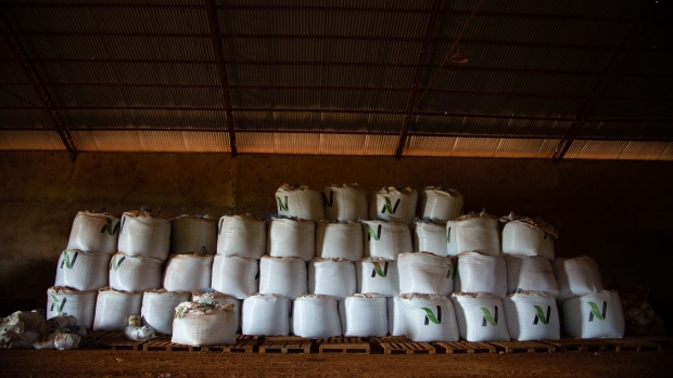 Fertilizer stored in a warehouse at a farm near Brasilia, Brazil, on Friday, March 4, 2022. Brazilian farmers are having trouble getting fertilizer for the next soybean crop after top-supplier Russia's invasion of Ukraine, a blow to producers already dealing with surging costs.