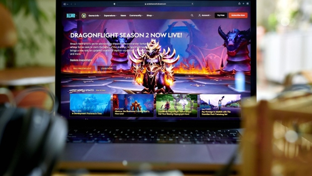 The Activision Blizzard World of Warcraft website on a laptop computer arranged in the Brooklyn borough of New York, US, on Monday, May 16, 2023. Microsoft Corp.'s $69 billion takeover of Activision Blizzard Inc. won European Union approval, putting the bloc at odds with its UK and US counterparts.