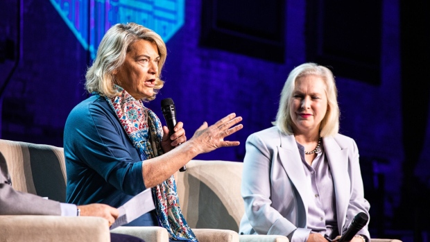 Senator Cynthia Lummis, a Republican from Wyoming, left, speaks during the DC Blockchain Summit in Washington, D.C., US, on Tuesday, May 24, 2022. The summit is gathering the most influential people focused on public policy for digital asset and blockchain innovations, according to the organizers.