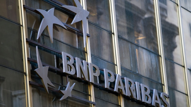 The logo of BNP Paribas SA at a bank branch in Paris, France, on Monday, Feb. 6, 2023. BNP Paribas kicks off earnings season for French banks, reporting quarterly numbers Tuesday before the market opens in Paris. Photographer: Nathan Laine/Bloomberg