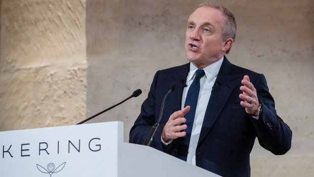 Francois-Henri Pinault, chief executive officer of Kering SA, gestures while speaking during a news conference to announce the company's full year earnings in Paris, France, on Tuesday, Feb. 12, 2019. Kering’s Gucci label outpaced competitors in the fourth quarter, though the 28 percent sales growth won little applause from investors who had high expectations after rival LVMH trounced estimates last month.