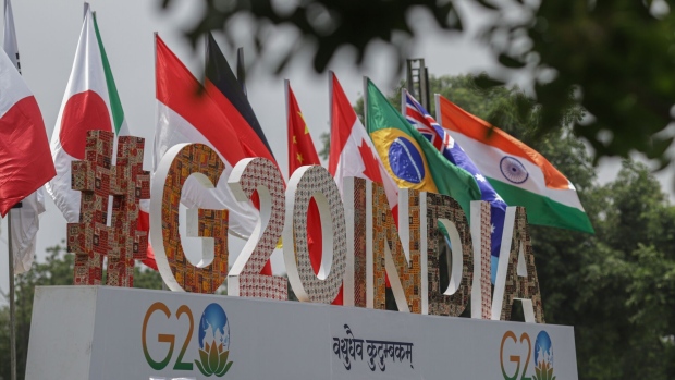 The national flags of G20 countries at the venue for the G20 Finance Ministers, Central Bank Governors (FMCBG) and Finance and Central Bank Deputies (FCBD) meetings in Gandhinagar, India, on Saturday, Jul. 15, 2023. India, the rotating head of the G-20 this year, was unable at the last finance meeting in April to secure either a joint statement or even a chair’s statement of summary, underscoring deep divisions in a group that includes Russia. Photographer: Dhiraj Singh/Bloomberg