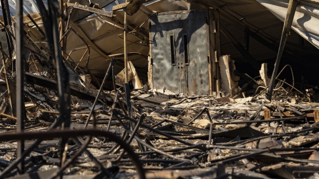 A door remains standing at Gates Elementary School destroyed by wildfires in Gates, Oregon, in September 2020.