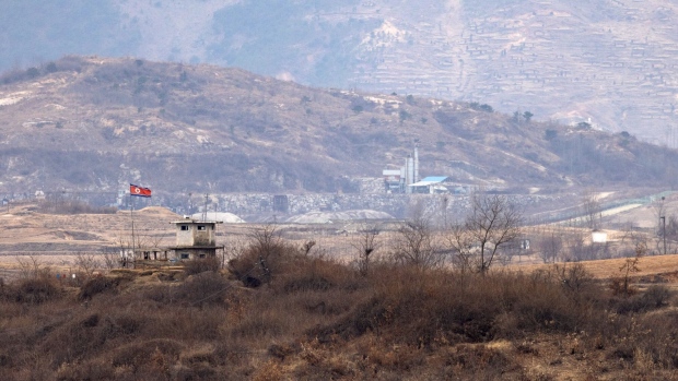 A North Korean flag flies at a military check point, from the truce village of Panmunjom in the Demilitarized Zone (DMZ) in Paju, South Korea, on Friday, March 3, 2023. The US and South Korea plan to hold large-scale military drills in a move set anger Pyongyang, which has promised an unprecedented response to the exercises and threatened to turn the Pacific Ocean into its "firing range."