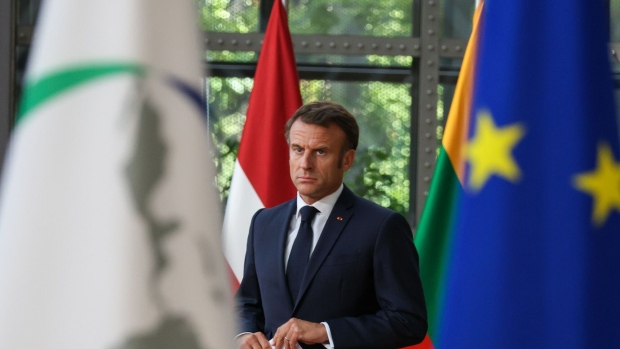 Emmanuel Macron, France's president, during the European Union (EU) and Community of Latin American and Caribbean States (CELAC) summit in Brussels, Belgium, on Tuesday, July 18, 2023. The EU sees the summit as a key chance to reboot the bloc's relationship with the sub-continent as it competes for influence with China, tries to broaden support for Kyiv in its defense against Russia, and seeks to secure access to critical raw materials needed for its digital and green energy transitions.