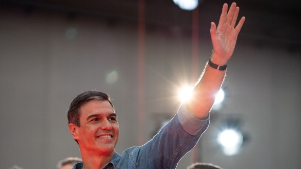 Pedro Sanchez, Spain's prime minister and leader of Partido Socialista Obrero Espanol (PSOE), greets supporters at his final campaign rally before the election in Madrid, Spain, on Friday, July 21, 2023. The far right has a real chance of gaining a position in Spain’s government for the first time since the end of General Francisco Franco’s dictatorship almost half a century ago.