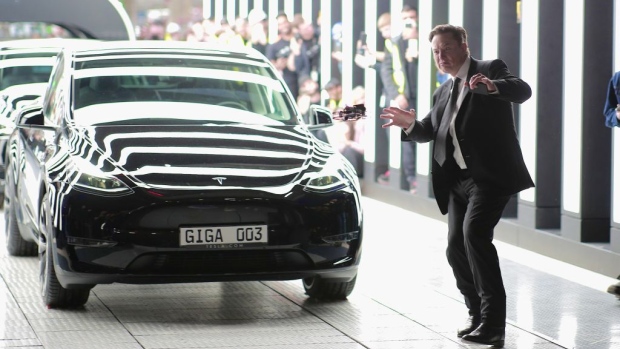GRUENHEIDE, GERMANY - MARCH 22: Tesla CEO Elon Musk attends the official opening of the new Tesla electric car manufacturing plant on March 22, 2022 near Gruenheide, Germany. The new plant, officially called the Gigafactory Berlin-Brandenburg, is producing the Model Y as well as electric car batteries. (Photo by Christian Marquardt - Pool/Getty Images) Photographer: Pool/Getty Images Europe