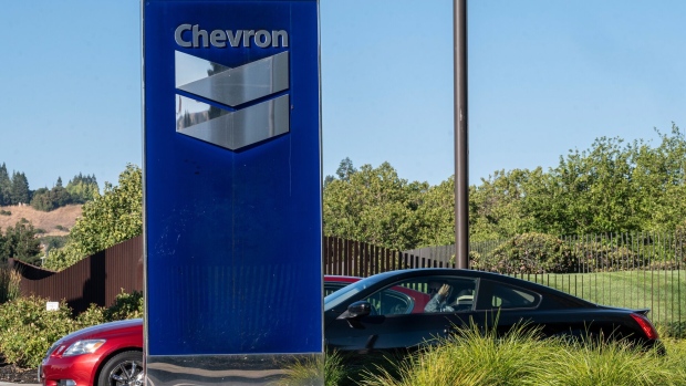 Signage at the entrance of the Chevron Park campus in San Ramon, California, US, on Thursday, June 29, 2022. Chevron Corp. plans to sell its campus in the San Francisco Bay area and give employees the option of moving to Houston in the latest business migration to Texas. Photographer: David Paul Morris/Bloomberg