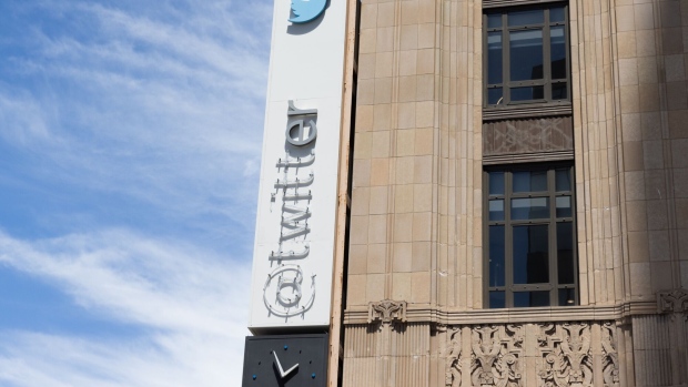 A partially removed sign at Twitter headquarters in San Francisco, California, US, on Monday, July 24, 2023. Elon Musk has changed Twitter Inc.'s logo, replacing its signature blue bird with a stylized X as part of the billionaire's vision of transforming the 17-year-old service into an everything app.