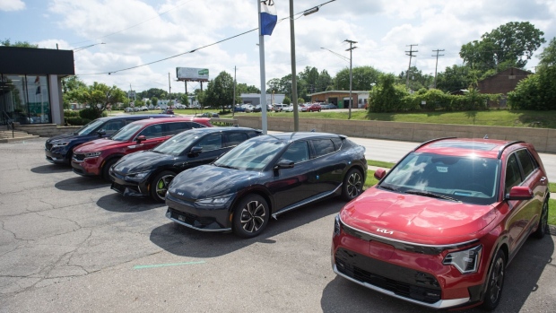 Electric vehicles (EV) for sale at the Lafontaine Kia dealership in Detroit, Michigan, US, on Thursday, July 13, 2023. Electric vehicle sales growth, while still brisk, has begun to slow in the US as inventory of battery-powered models piles up on dealer lots. Photographer: Matthew Hatcher/Bloomberg