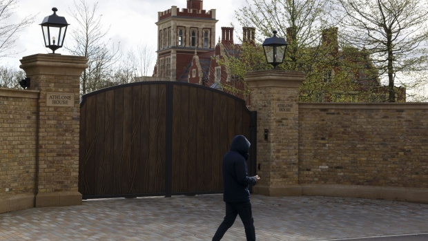 An entrance to the Athlone House mansion, frozen by sanctions on Russian billionaire Mikhail Fridman, in the Highgate district of London.