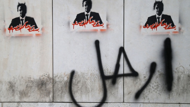 Graffiti at Lebanon’s central bank depicts Governor Riad Salameh with the word 'Leave', in 2019. Photographer: Hasan Shaaban/Bloomberg