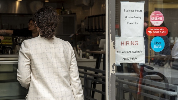 A "Hiring" signs at a restaurant in San Francisco, California, US, on Monday, June 26, 2023. California led a nationwide jump in job vacancies in April that reversed recent declines and keeps pressure on the Federal Reserve to consider more interest-rate hikes.