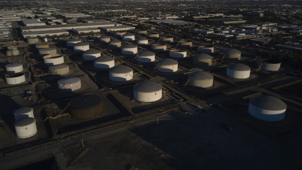 Storage tanks at the Torrance Refining Co. in Torrance, California, U.S., on Monday, Feb. 28, 2022. The U.S. and its allies are discussing a coordinated release of about 60 million barrels of oil from their emergency stockpiles after Russia’s invasion of Ukraine pushed crude prices above $100.