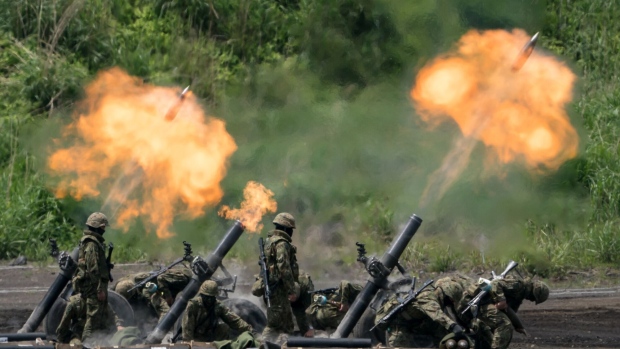 GOTEMBA, JAPAN - MAY 27: Members of the Japan Ground Self-Defense Force (JGSDF) take part in a live fire exercise at East Fuji Maneuver Area on May 27, 2023 in Gotemba, Shizuoka, Japan. The annual live-fire drill took place after G7 leaders discussed ways to further strengthen defense cooperation at their meeting in Hiroshima last week. (Photo by Tomohiro Ohsumi/Getty Images)
