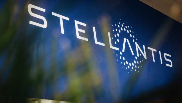A Stellantis NV logo in the reception area of the automaker's technical center in Velizy-Villacoublay near Paris, France, on Monday, Jan. 18, 2021. Stellantis NV, the carmaker formed from the merger of Fiat Chrysler Automobiles NV and PSA Group, advanced in its first day of trading after completing a more than two-year effort to form one of the world’s largest vehicle manufacturers. Photographer: Cyril Marcilhacy/Bloomberg