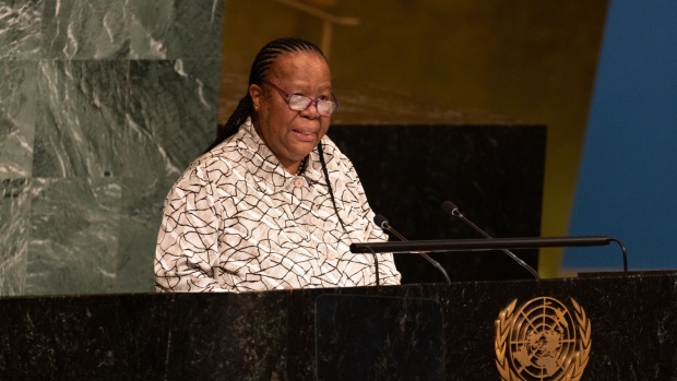 Naledi Pandor, South Africa's foreign minister, speaks during the United Nations General Assembly (UNGA) in New York, US, on Wednesday, Sept. 21, 2022. All eyes will be on US President Biden on Wednesday as he tries to rally international support for Ukraine following Russia's escalation with world leaders gathered at the United Nations.