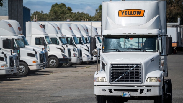 Yellow Corp. trucks at a facility in Hayward, California, US, on Wednesday, Aug. 2, 2023. The less-than-truckload carrier, which accepts shipments that don't fill a whole trailer, has been teetering in recent weeks and told workers Monday it was shutting down, according to the labor union that represents Yellow's drivers.