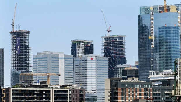Buildings under construction in Montreal, Quebec, Canada, on Wednesday, May 31, 2023. Most Canadians view Prime Minister Justin Trudeau’s plan to raise immigration targets as adversely affecting the cost of housing, a new poll by Nanos Research Group for Bloomberg News shows.