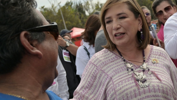 Senator Xochitl Galvez, an opposition presidential candidate, greets supporters during a campaign rally in Tijuana, Mexico, on Sunday, July 30, 2023.