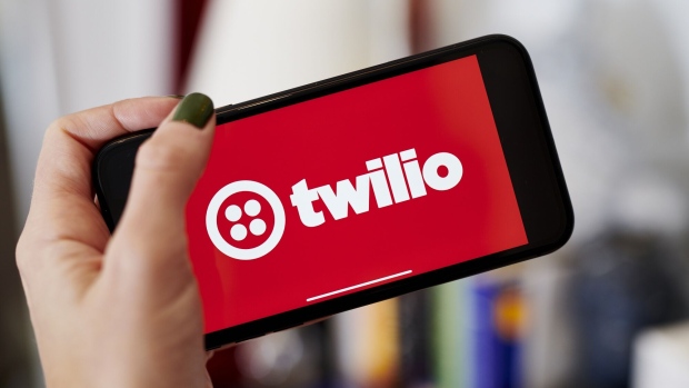 The logo for Twilio on a smartphone arranged in the Brooklyn borough of New York, U.S., on Monday, Oct. 26, 2020. Twilio Inc. projected a loss in the current quarter, falling short of analysts’ estimates, in a sign the company is spending on its expansion plans during a time of robust demand for communications software. Photographer: Gabby Jones/Bloomberg