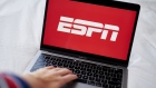 The logo for ESPN on a laptop computer arranged in the Brooklyn borough of New York, U.S., on Friday, Nov. 6, 2020. ESPN, the sports TV unit of Walt Disney Co., plans to eliminate about 500 jobs throughout the organization as the media giant continues to adapt to changing viewer habits. Photographer: Gabby Jones/Bloomberg