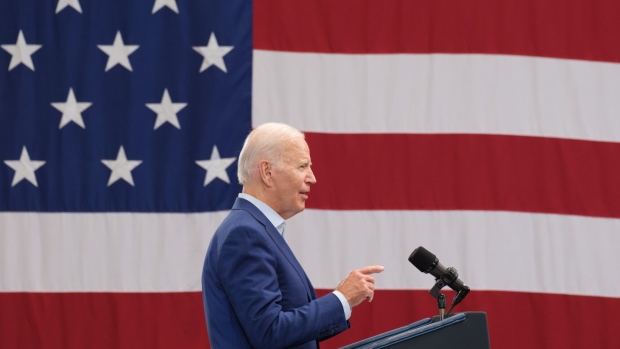US President Joe Biden speaks at a groundbreaking for an Arcosa Wind Towers Inc. manufacturing facility in Albuquerque, New Mexico, US, on Wednesday, Aug. 9, 2023. Arcosa is expanding operations and creating 250 new jobs in New Mexico according to the White House.
