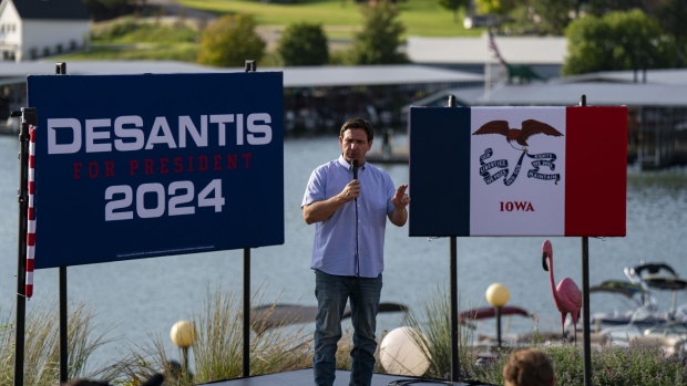 Ron DeSantis, governor of Florida and 2024 Republican presidential candidate, speaks during a campaign event in Panora, Iowa, US, on Friday, Aug. 11, 2023. DeSantis this week brought in a new campaign manager, the latest shake-up as he faces intense pressure from donors to challenge former President Donald Trump's dominance of the Republican presidential field.