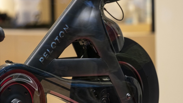 A Peloton stationary bike at the company's showroom in Walnut Creek, California, U.S., on Monday, Feb. 7, 2022. Peloton Interactive Inc. is scheduled to release earnings figures on February 8.