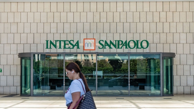 An Intesa Sanpaolo bank branch in Brescia, Italy,.