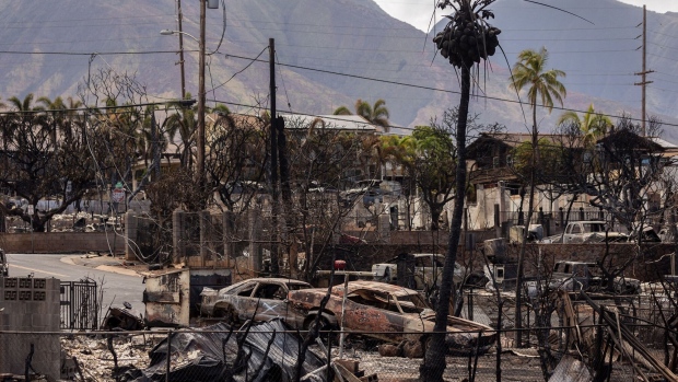 Destroyed buildings and cars are seen in the aftermath of the Maui wildfires in Lahaina, Hawaii on August 16, 2023.  Photographer: Yuki Iwamura/AFP/Getty Images