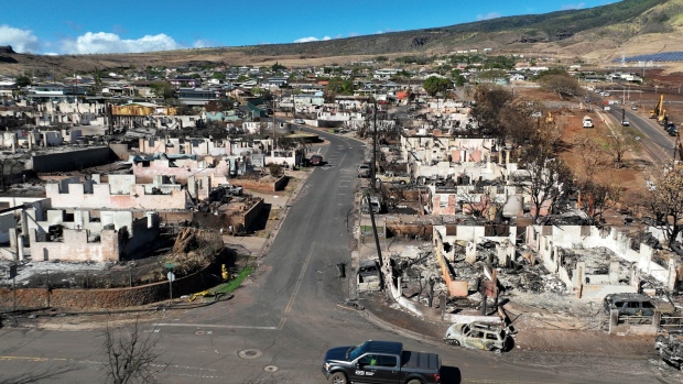 An aerial view of the destruction in Lahaina. Photographer: Justin Sullivan/Getty Images North America