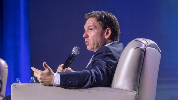 Ron DeSantis, governor of Florida and 2024 Republican presidential candidate, speaks during Erick Erickson's The Gathering event in Atlanta, Georgia, US, on Friday, Aug. 18, 2023. Republican presidential hopefuls are converging for a meeting of conservative activists, a chance to test their message before next week's debate and court voters.