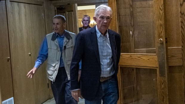 Jerome Powell, chairman of the U.S. Federal Reserve, leaves the reception dinner at the Jackson Hole economic symposium in Moran, Wyoming, US, on Thursday, Aug. 25, 2022. Federal Reserve officials stressed the need to keep raising interest rates even as they reserved judgment on how big they should go at their meeting next month. Photographer: David Paul Morris/Bloomberg
