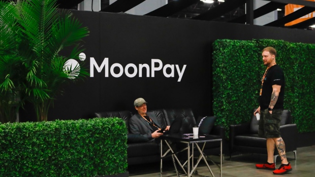 A MoonPay booth during the Bitcoin 2022 conference in Miami, Florida, U.S., on Friday, April 8, 2022. The Bitcoin 2022 four-day conference is touted by organizers as "the biggest Bitcoin event in the world."