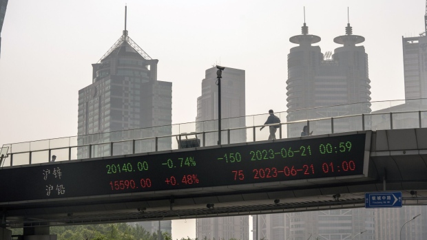 An electronic ticker displays stock figures in Pudong's Lujiazui Financial District in Shanghai, China, on Wednesday, June 21, 2023. China's yuan weakened past the closely watched 7.2-per-dollar level as investor sentiment soured on a lack of aggressive stimulus and Beijing signaled a level of comfort about the declines. Photographer: Raul Ariano/Bloomberg