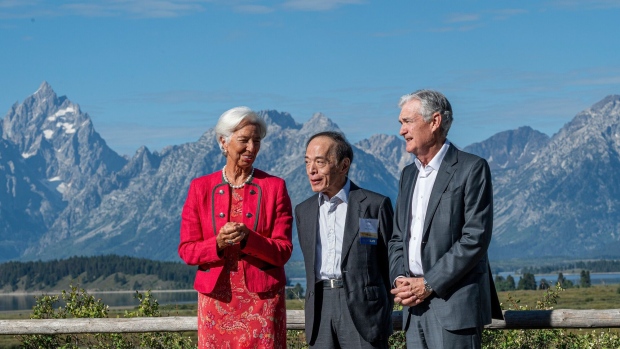 Christine Lagarde, president of the European Central Bank (ECB), from left, Kazuo Ueda, governor of the Bank of Japan (BOJ), and Jerome Powell, chairman of the US Federal Reserve, at the Jackson Hole economic symposium in Moran, Wyoming, US, on Friday, Aug. 25, 2023.