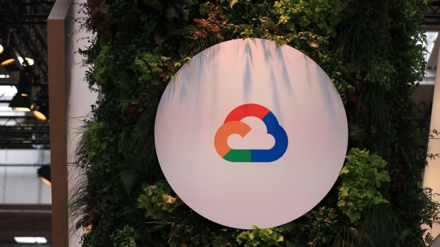 A Google Cloud logo at the Hannover Messe industrial technology fair in Hanover, Germany, on Thursday, April 20, 2023. The German government must adopt more cautious fiscal policies that complement the European Central Bank’s efforts to tackle inflation in order to help the economy, the country’s deputy finance minister, Florian Toncar, told Bloomberg Television. Photographer: Krisztian Bocsi/Bloomberg