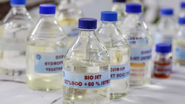 Samples bottles of bio jet fuel arranged for a photograph at the Council Of Scientific And Industrial Research-Indian Institute of Petroleum in Dehradun, Uttarakhand, India, on Friday, Oct. 7, 2022. The scientists at the Indian Institute of Petroleum, a laboratory of the Council of Scientific and Industrial Research, are working with partners including Boeing Co. to get global approvals for their biofuel, which is made from waste cooking oil and the seeds of plants like pongamia and jatropha that aren’t consumed.